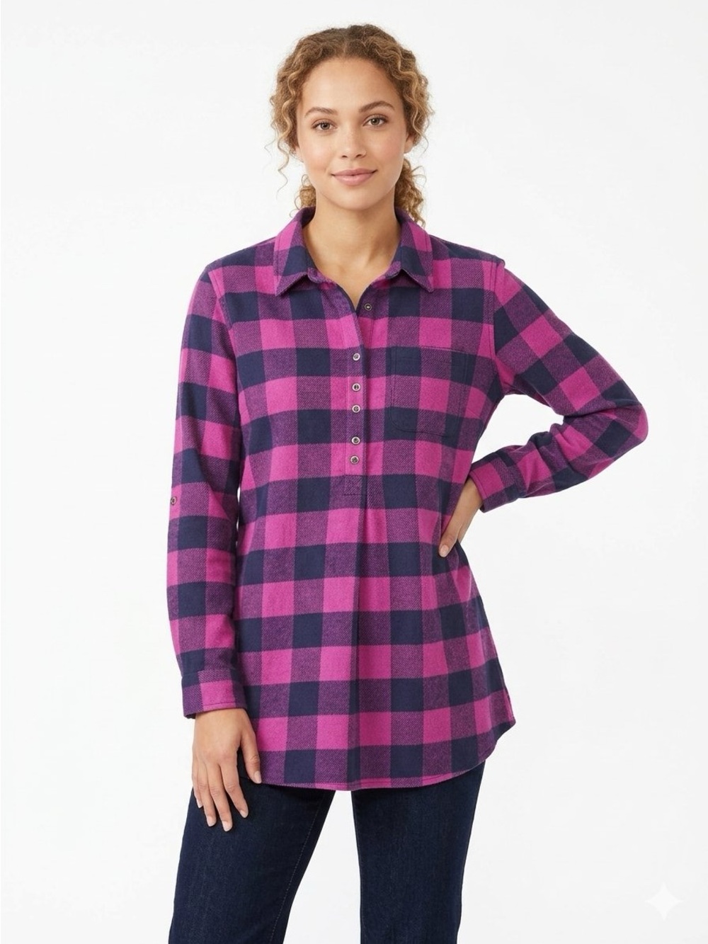 Soft Surroundings Pink and Navy Plaid Button-Neck Tunic